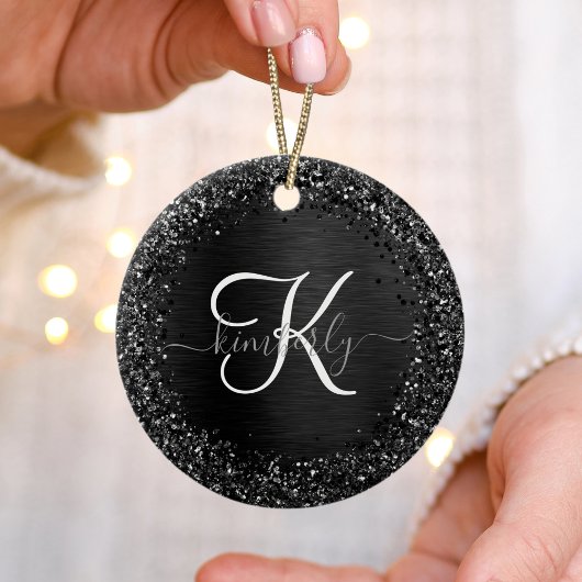 Aangepast zwart glitter Sparkle Monogram Keramisch Ornament