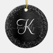 Aangepast zwart glitter Sparkle Monogram Keramisch Ornament (Voorkant)
