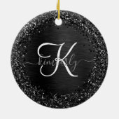 Aangepast zwart glitter Sparkle Monogram Keramisch Ornament (Achterkant)
