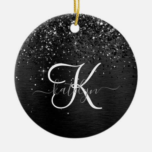 Aangepast zwart glitter Sparkle Monogram Keramisch Ornament (Voorkant)