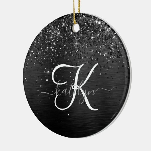 Aangepast zwart glitter Sparkle Monogram Keramisch Ornament (Links)