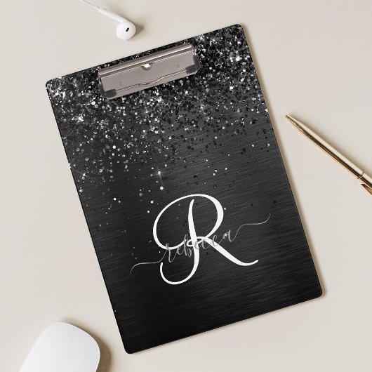 Aangepast zwart glitter Sparkle Monogram Klembord