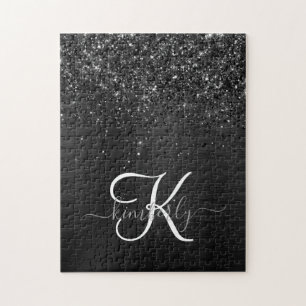 Aangepast zwart glitter Sparkle Monogram Legpuzzel