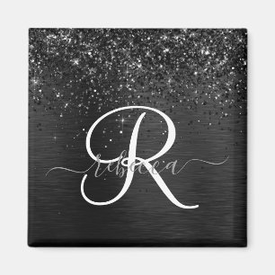Aangepast zwart glitter Sparkle Monogram Magneet