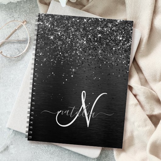 Aangepast zwart glitter Sparkle Monogram Notitieboek