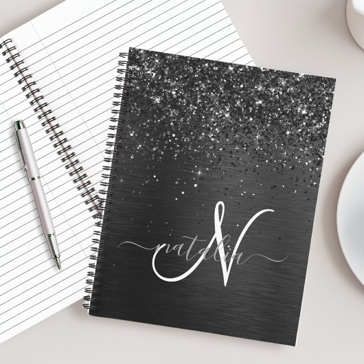 Aangepast zwart glitter Sparkle Monogram Notitieboek