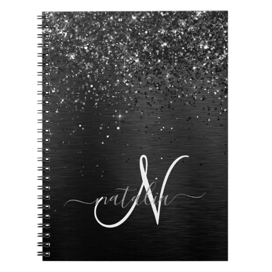 Aangepast zwart glitter Sparkle Monogram Notitieboek (Voorkant)