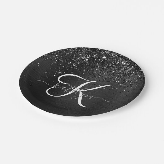 Aangepast zwart glitter Sparkle Monogram Papieren Bordje (Gekanteld)