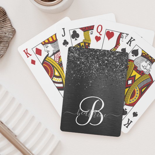 Aangepast zwart glitter Sparkle Monogram Pokerkaarten