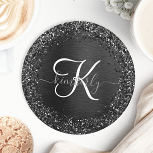 Aangepast zwart glitter Sparkle Monogram Ronde Kartonnen Onderzetter