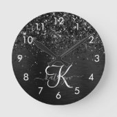 Aangepast zwart glitter Sparkle Monogram Ronde Klok (Voorkant)