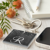 Aangepast zwart glitter Sparkle Monogram Sleutelhanger (Voorkant Rechts)
