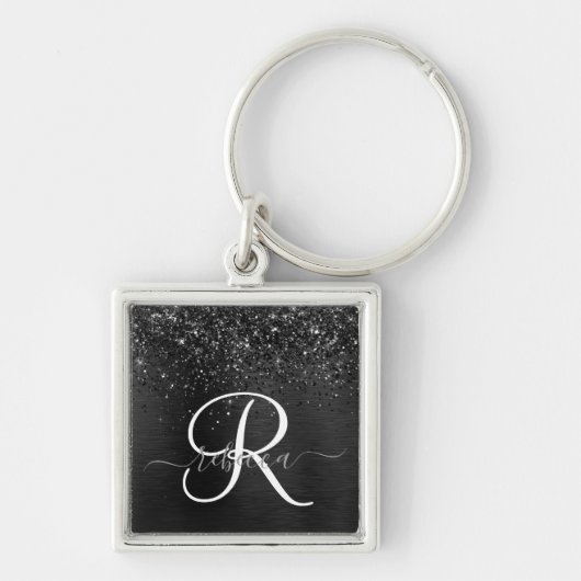 Aangepast zwart glitter Sparkle Monogram Sleutelhanger (Voorkant)