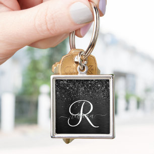 Aangepast zwart glitter Sparkle Monogram Sleutelhanger