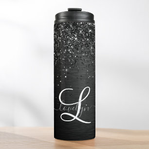 Aangepast zwart glitter Sparkle Monogram Thermosbeker