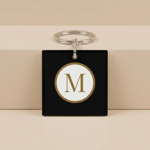 Aangepast zwart & goud midden zegel monogram sleutelhanger