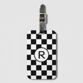 Aangepast zwart monogram en wit gecheckt patroon bagagelabel (Voorkant (verticaal))