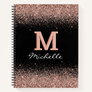Aangepast Zwart Roos Goud Glitter Monogram Notitieboek