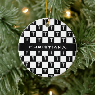 Aangepast zwart-wit medisch symbool Caduceus Keramisch Ornament