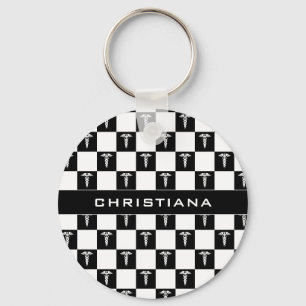 Aangepast zwart-wit medisch symbool Caduceus Sleutelhanger