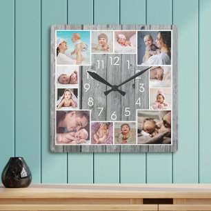 Aangepaste 12 familie foto collage robuuste grijze vierkante klok