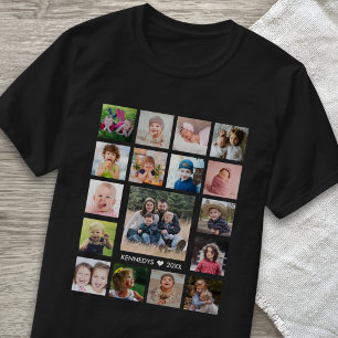 Aangepaste 17 foto collage familienaam tekst zwart t-shirt