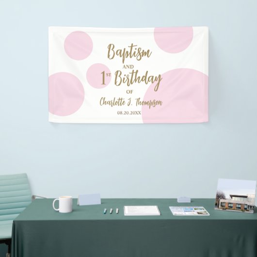 Aangepaste 1e verjaardag en Doop Roze Goud Partij Spandoek (Beurs)