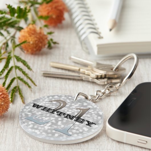 Aangepaste 21e verjaardag | Naam Silver Bokeh Sleutelhanger (Voorkant Rechts)