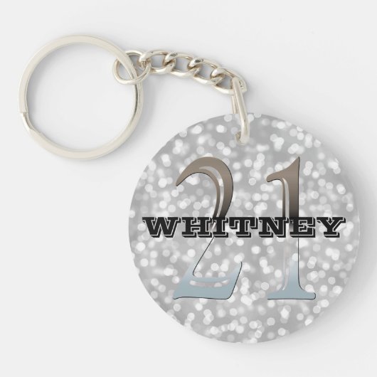 Aangepaste 21e verjaardag | Naam Silver Bokeh Sleutelhanger (Voorkant)