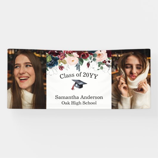 Aangepaste 2 foto Bourgogne Bloemen Afstuderen Ban Spandoek (Horizontaal)