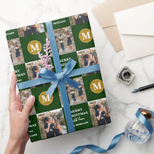 Aangepaste 2 foto Monogram Green Gold Holiday Cadeaupapier