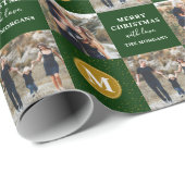 Aangepaste 2 foto Monogram Green Gold Holiday Cadeaupapier (Rol Hoek)
