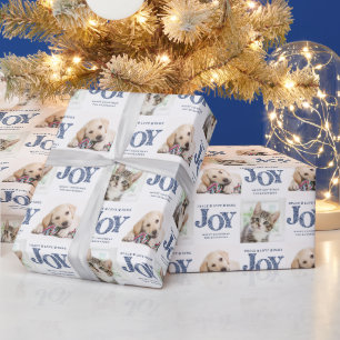 Aangepaste 2 foto Pet Dog JOY Blue Holiday Gift Cadeaupapier