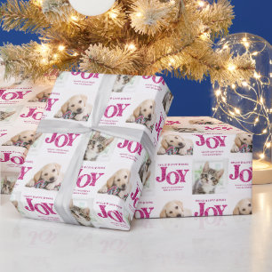 Aangepaste 2 foto Pet Dog JOY Pink Holiday Gift Cadeaupapier