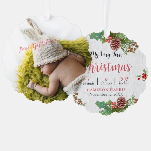 Aangepaste 2-zijdige Rustic Baby's eerste kerstfot Ornament Kaart (Voorkant / Achterkant)