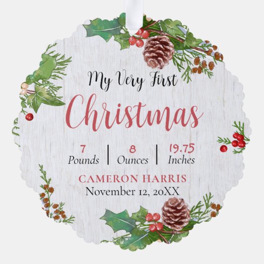 Aangepaste 2-zijdige Rustic Baby's eerste kerstfot Ornament Kaart (Achterkant)