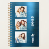 Aangepaste 3-foto Blauwgroen Blue Brushed Metal 20 Planner (Voorkant)