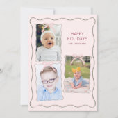 Aangepaste 3 foto collage roze strik golvend kader feestdagenkaart (Voorkant)