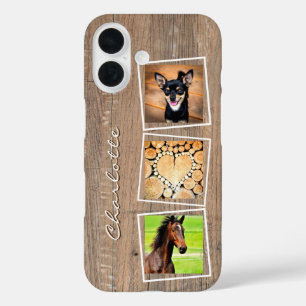 Aangepaste 3 Photo Collage Rustic Wood Monogram Na iPhone 16 Hoesje
