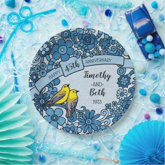 Aangepaste 45e Jubileum Sapphire Floral Bird Papieren Bordje (Feest)