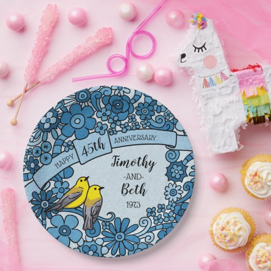 Aangepaste 45e Jubileum Sapphire Floral Bird Papieren Bordje (Feest)