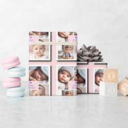 Aangepaste 4-Foto Baby Verjaardag, Douche, Roze, P Cadeaupapier