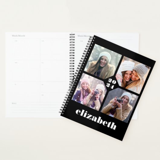 Aangepaste 4-foto gepersonaliseerde zwart wit 2024 planner (Display)