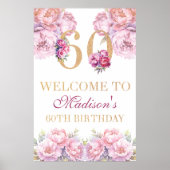 Aangepaste 60e verjaardag Gouden Glitter Roze Pioe Poster (Voorkant)