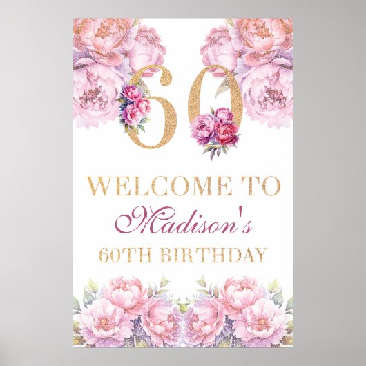 Aangepaste 60e verjaardag Gouden Glitter Roze Pioe Poster (Voorkant)