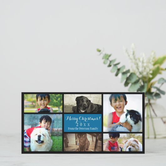 Aangepaste 6 Foto Collage Kerstmis Blauw Feestdagenkaart (Staand voorkant)