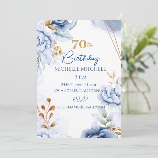 Aangepaste 70e verjaardag blauw goud kaart (Staand voorkant)