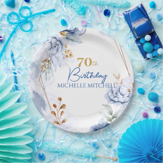 Aangepaste 70e verjaardag blauw goud papieren bordje (Feest)