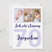 Aangepaste 70e Verjaardag Paarse Script Fotocollag Kaart (Voorkant)