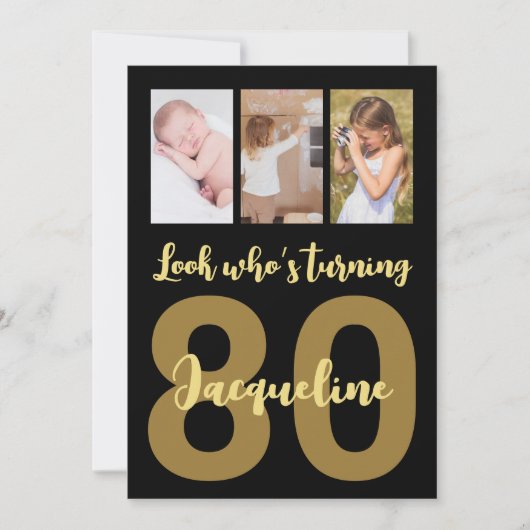 Aangepaste 80e verjaardag Zwart en Goud Fotocollag Kaart (Voorkant)